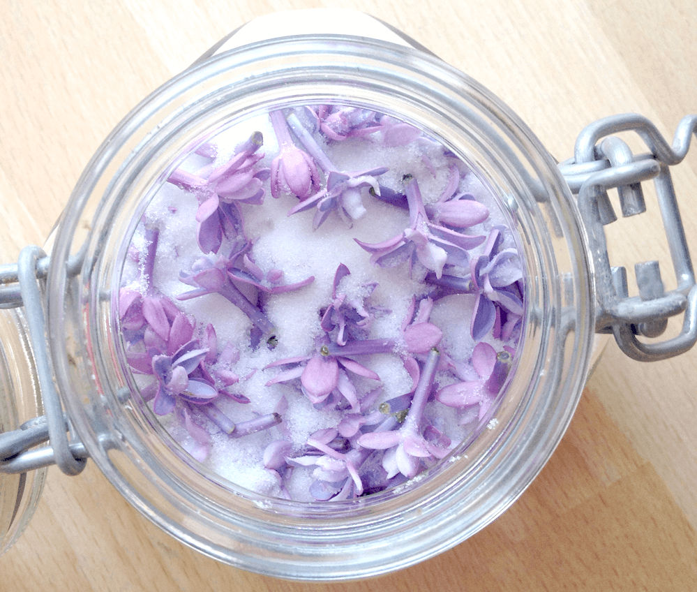 Sugar infused with edible lilac flowers