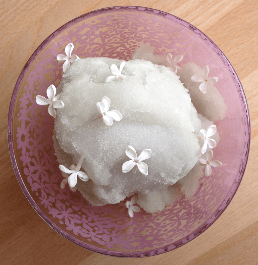 Lilac sorbet made with edible flowers